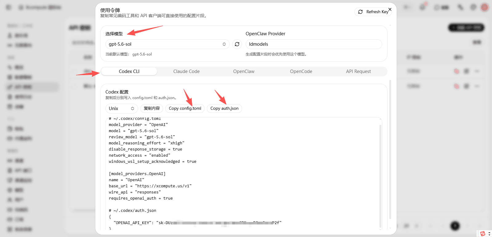 TokenFlash 控制台中的 Codex CLI 配置复制入口